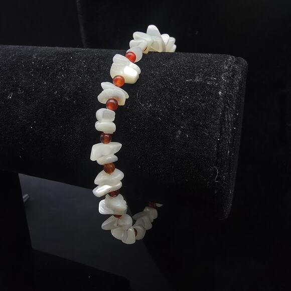 925 HK Mother of Pearl Red Carnelian Carved Flower Necklace Bracelet Set - Picture 8 of 12